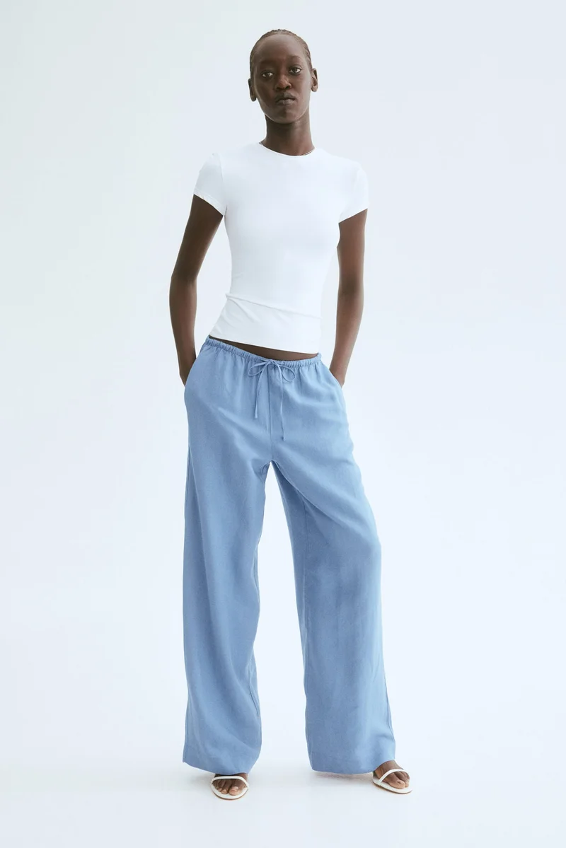 اتش اند ام بنطلون مستقيم الساق من مزيج الكتان