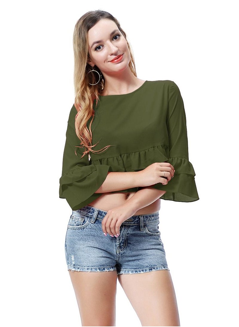 إسكدنيا - Women's Solid Color Round Neck Top Loose Ruffled Blouse Army Green - Image 1