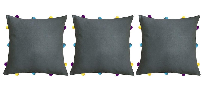Lushomes Cushion Cover 12x12 Boho Cushion Covers Sofa Pillow Cover Cushion Covers with Tassels Cushion Cover with pom pom 12x12 Inches Set of 3 Grey - Image 1