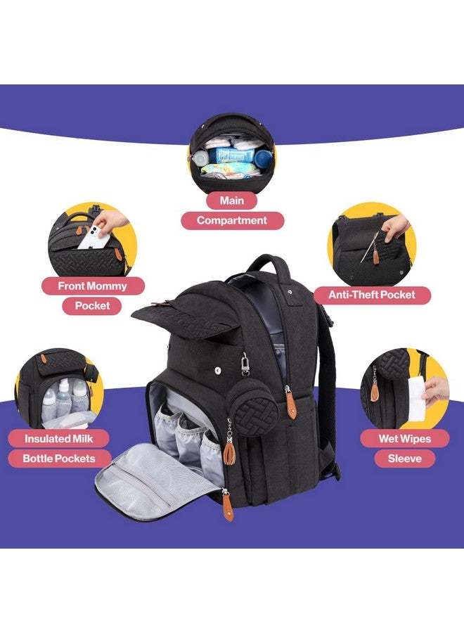 BabbleRoo Diaper Bag Backpack, Unisex Bags With Changing Pad, Pacifier Case & Stroller Straps, Multifunction Waterproof Travel Back Pack For Boys Girls, Black - Image 4