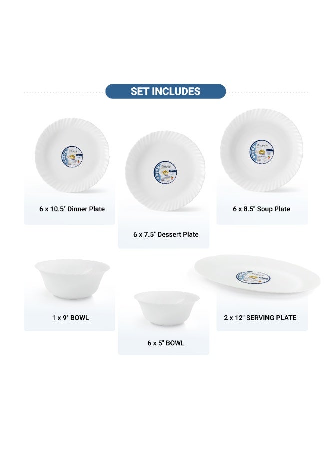 Melrich  طقم عشاء من الأوبال مكون من 27 قطعة: 6 أطباق عشاء، 6 أطباق حلويات، 6 أطباق شوربة، 1 صحن تقديم، 1 وعاء تقديم، 1 وعاء متوسط. آمن للغسالة وموفر للاستخدام في الميكروويف - Image 2