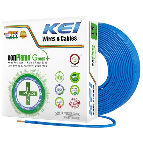 KEI CONFLAME GREEN PLUS 1.5 sqmm 1 Core Copper Heat Resistant Flame Retardant Low Smoke & Halogen - Lead Free House Wire for Domestic & Industrial Electrical Wiring (Blue, 90 Meters) - Image 1