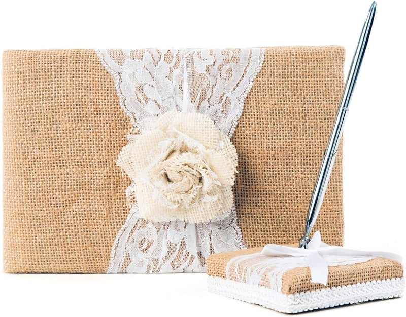 BETTERLINE Rustic Wedding Guest Book Made of Burlap and Lace - Includes Burlap Pen Holder and Silver Pen - 120 Lined Pages for Guest Thoughts - Comes in Gift Box (White Rose) - Image 1