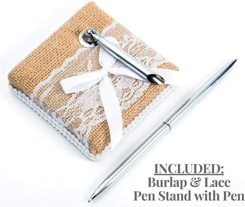 BETTERLINE Rustic Wedding Guest Book Made of Burlap and Lace - Includes Burlap Pen Holder and Silver Pen - 120 Lined Pages for Guest Thoughts - Comes in Gift Box (White Rose) - Image 4