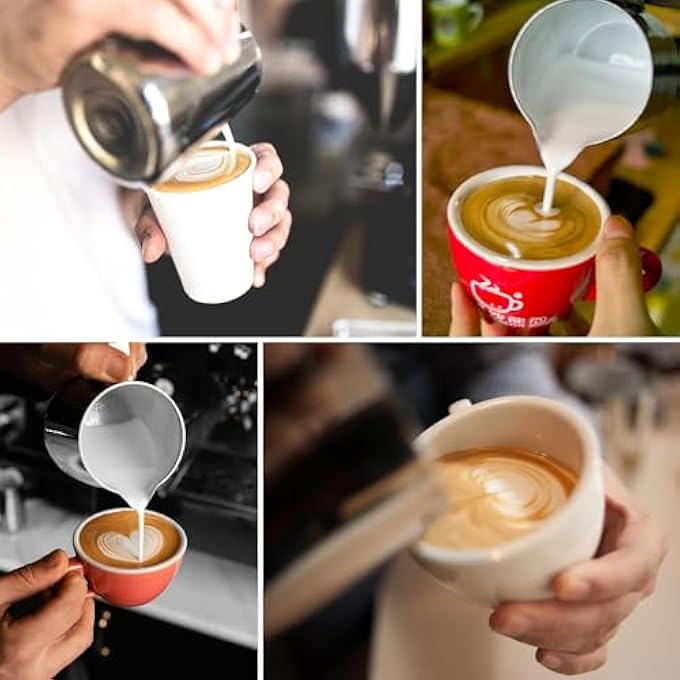 ريحني إبريق رغوة الحليب 350 مل 12 أونصة من الفولاذ المقاوم للصدأ كوب بخار رغوة الحليب كوب إسبرسو من الفولاذ المقاوم للصدأ مع قلم لاتيه آرت هزاز سكر بودرة منفضة 12 أونصة - Image 5