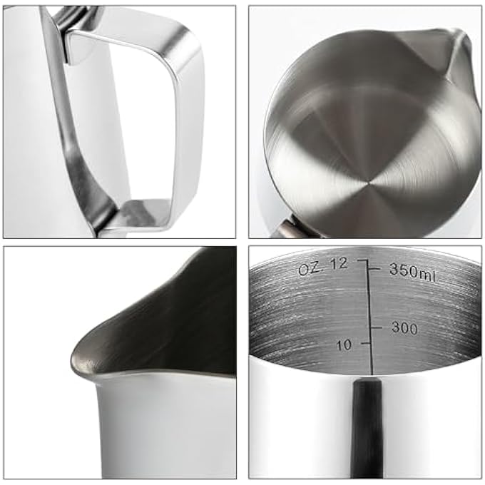 ريحني إبريق رغوة الحليب 350 مل 12 أونصة من الفولاذ المقاوم للصدأ كوب بخار رغوة الحليب كوب إسبرسو من الفولاذ المقاوم للصدأ مع قلم لاتيه آرت هزاز سكر بودرة منفضة 12 أونصة - Image 4