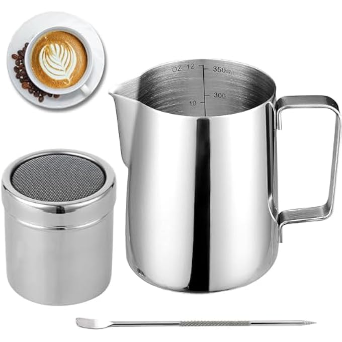 ريحني إبريق رغوة الحليب 350 مل 12 أونصة من الفولاذ المقاوم للصدأ كوب بخار رغوة الحليب كوب إسبرسو من الفولاذ المقاوم للصدأ مع قلم لاتيه آرت هزاز سكر بودرة منفضة 12 أونصة - Image 1