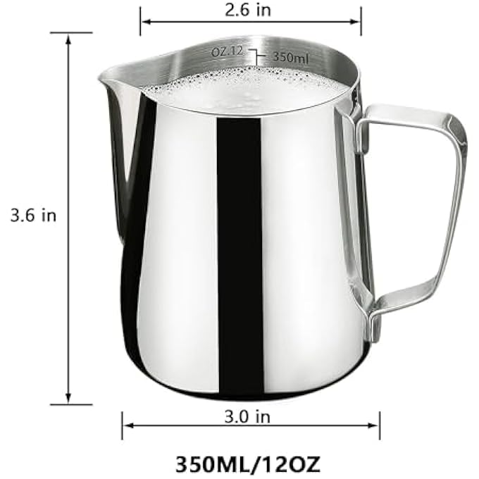 ريحني إبريق رغوة الحليب 350 مل 12 أونصة من الفولاذ المقاوم للصدأ كوب بخار رغوة الحليب كوب إسبرسو من الفولاذ المقاوم للصدأ مع قلم لاتيه آرت هزاز سكر بودرة منفضة 12 أونصة - Image 2