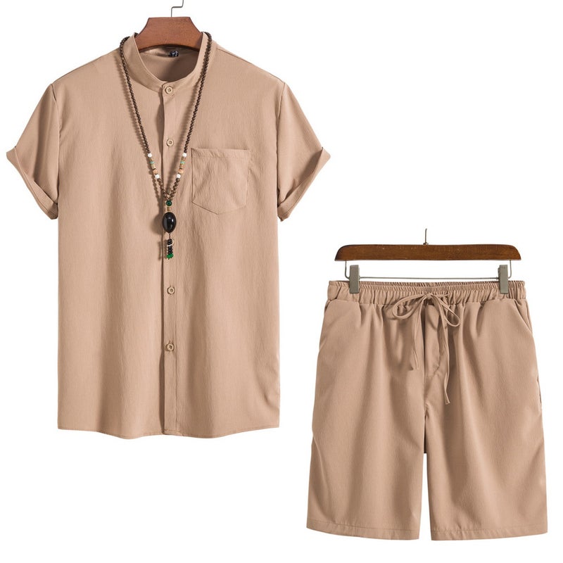 2023 summer mens Chinese style short sleeve retro shirt solid color beach pants shorts suit Khaki