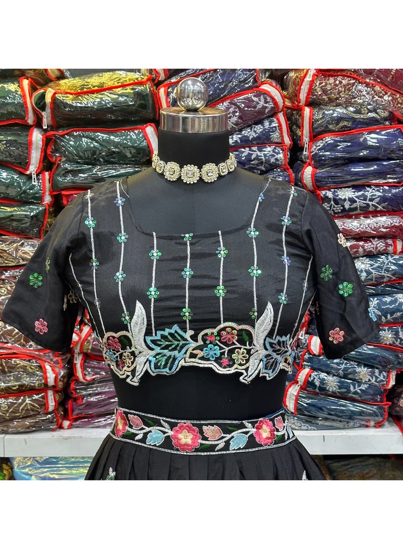Super Asian Elegant Chinnon Silk Lehenga Set with Rainbow Sequin & Thread Embroidery | Heavy Can-Can Flair & Designer Dupatta  - Image 4