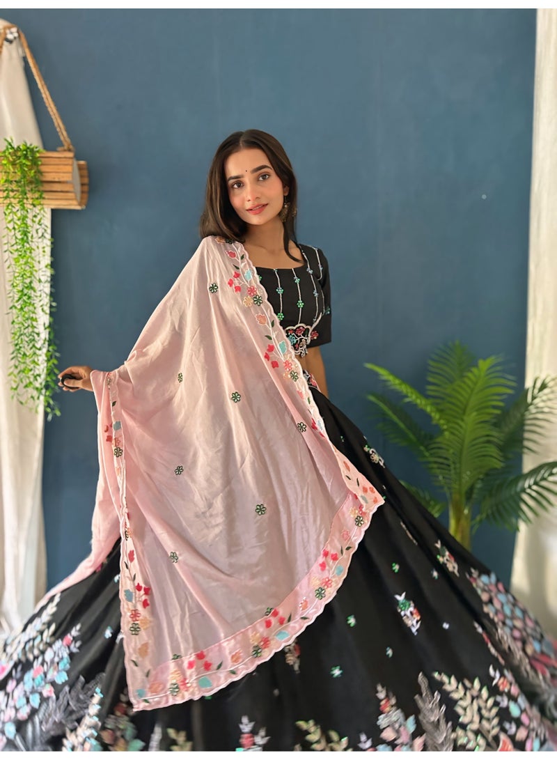 Super Asian Elegant Chinnon Silk Lehenga Set with Rainbow Sequin & Thread Embroidery | Heavy Can-Can Flair & Designer Dupatta  - Image 1