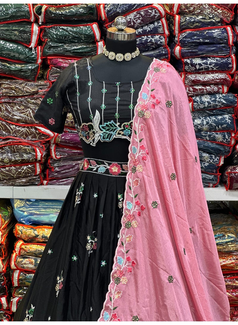 Super Asian Elegant Chinnon Silk Lehenga Set with Rainbow Sequin & Thread Embroidery | Heavy Can-Can Flair & Designer Dupatta  - Image 2