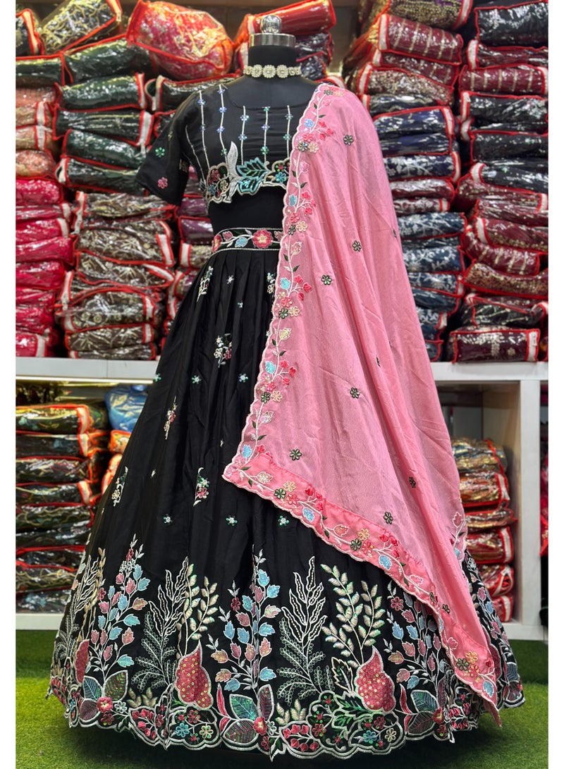 Super Asian Elegant Chinnon Silk Lehenga Set with Rainbow Sequin & Thread Embroidery | Heavy Can-Can Flair & Designer Dupatta  - Image 3