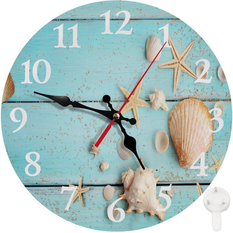 Britimes Round Wall Clock Silent NonTicking Battery Operated Clock 10 Inch Decor for Bathroom Bedroom Kitchen Office or School Summer Beach Seashell