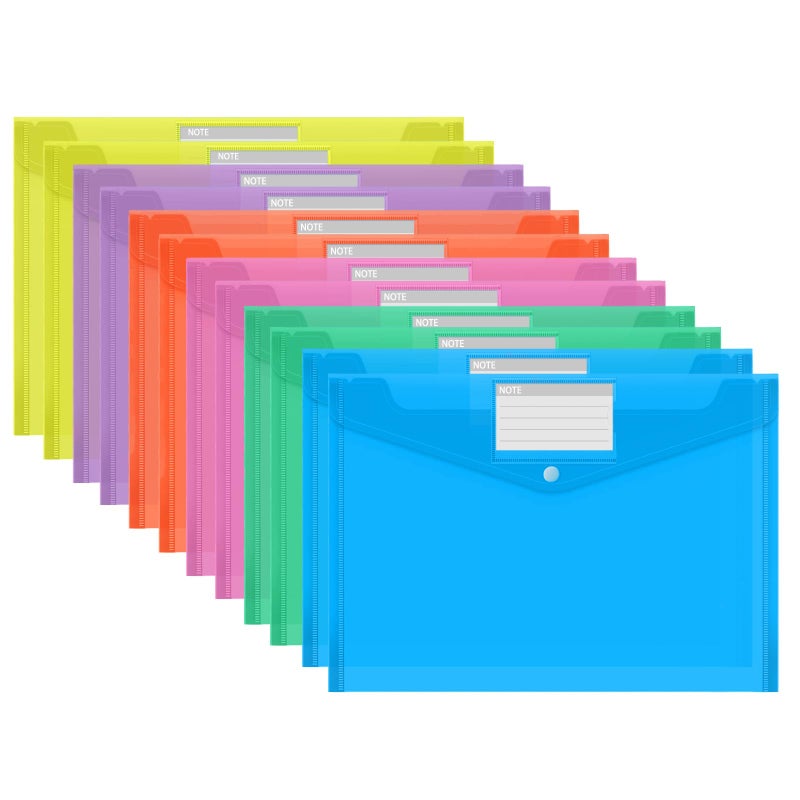 JaAoyoo A4 Plastic Wallet Folder, 12 Pack Plastic Folders for Paperwork A4, Document Wallets with Popper, Waterproof, File Folders with Label Pocket for School, Office, Home - Image 1