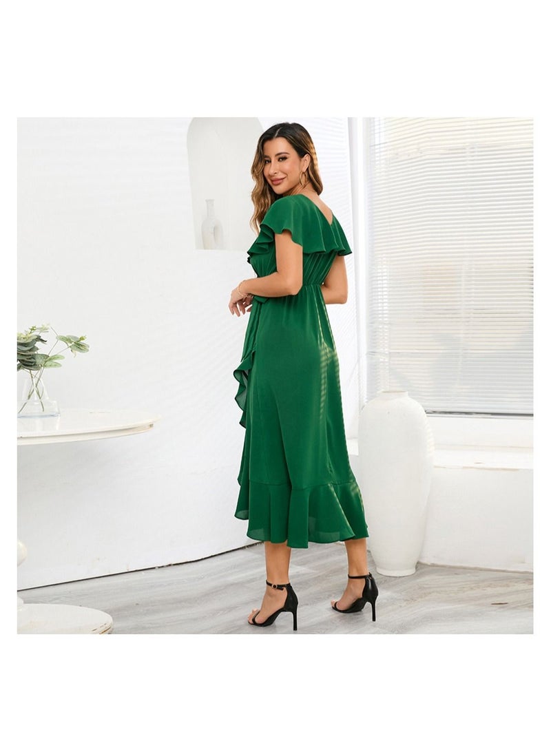 Loquat Flowering Lotus Leaf Large Swing V-neck Dress  - Image 2