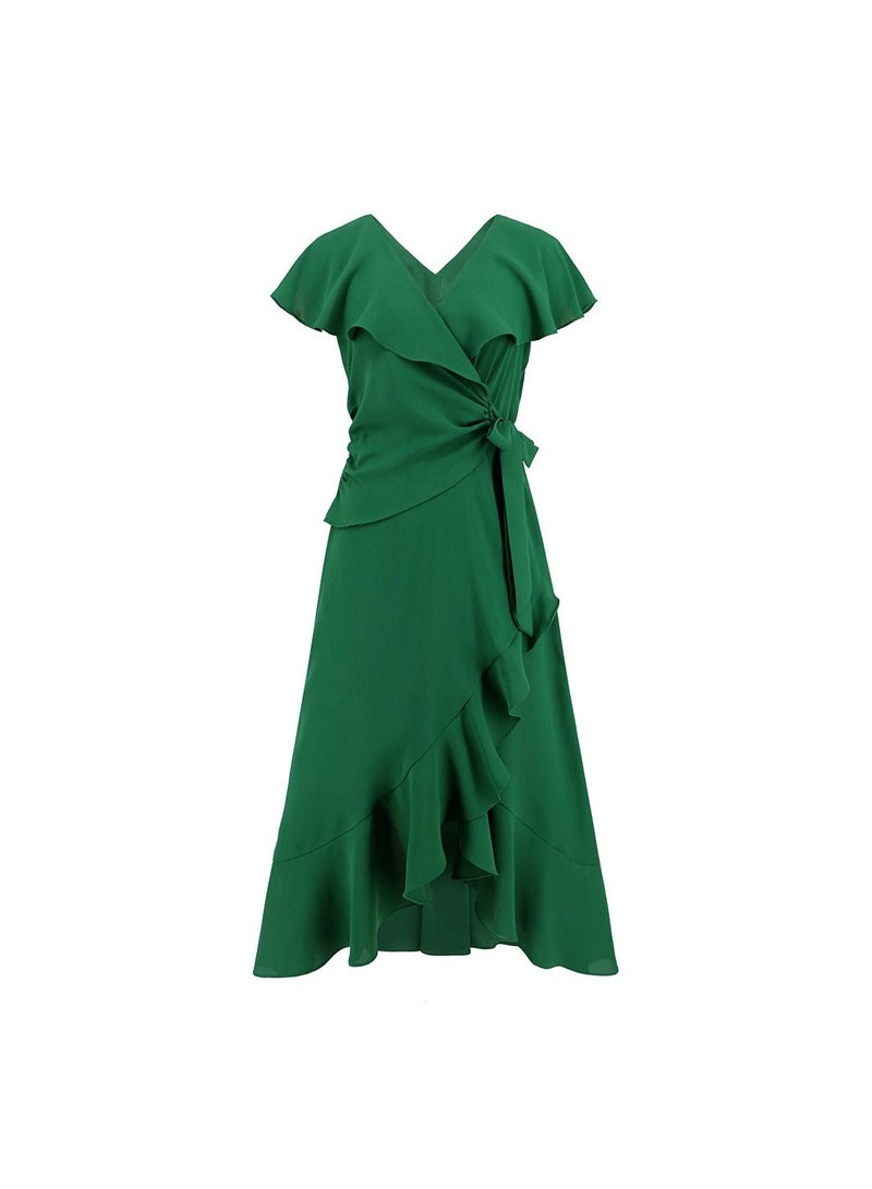 Loquat Flowering Lotus Leaf Large Swing V-neck Dress  - Image 1