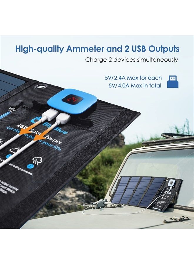 Bigblue Solar Panels Charger with Digital Ammeter, BigBlue 28W SunPower Camping Solar Panel, Dual USB(5V/4A Overall), IPX4 Waterproof, Compatible with iPhone 13/11/Xs/X/8/7, iPad, Samsung Galaxy, Google Pixel - Image 3