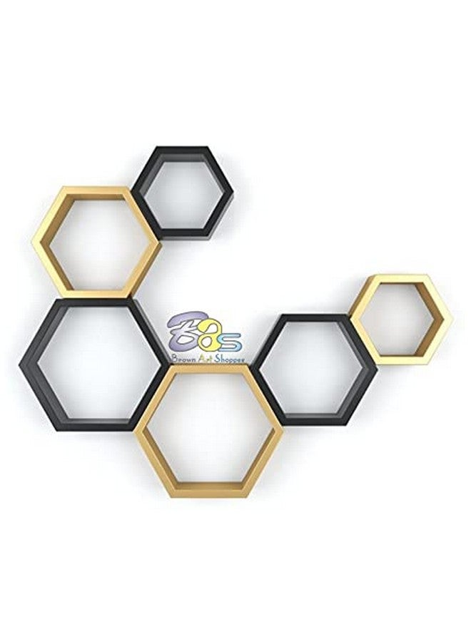 BAS Engineered Wood Brown Art Shoppee Decorative Display With Hexagon Shape Set Of 6 Floating Wall Shelves And Racks For Living Room (Golden & Black) - Image 3