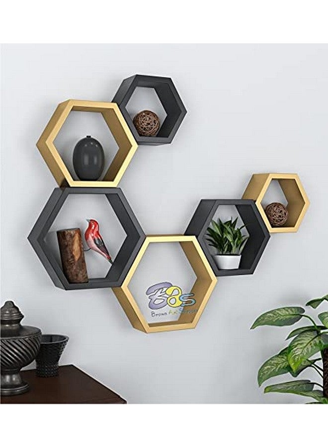BAS Engineered Wood Brown Art Shoppee Decorative Display With Hexagon Shape Set Of 6 Floating Wall Shelves And Racks For Living Room (Golden & Black) - Image 1