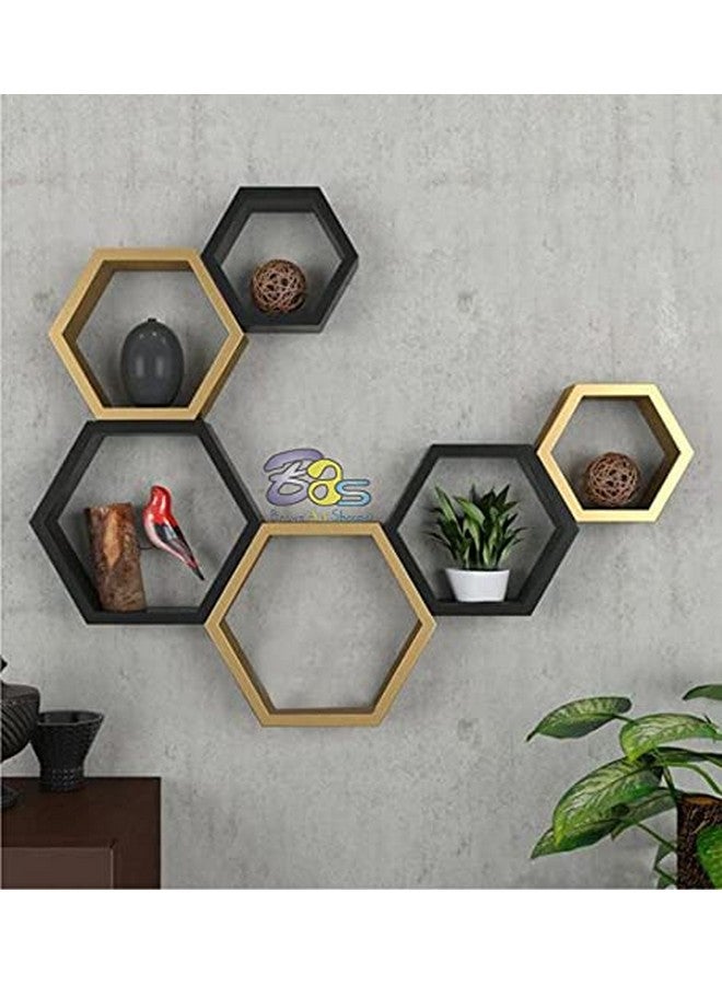 BAS Engineered Wood Brown Art Shoppee Decorative Display With Hexagon Shape Set Of 6 Floating Wall Shelves And Racks For Living Room (Golden & Black) - Image 2