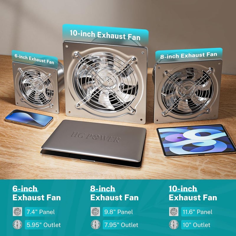 HG Power مروحة عادم مطبخ 8 بوصة من HG Power، 576CFM مروحة عادم علية معدنية، مروحة تهوية مرآب مثبتة على الحائط، مراوح استخراج للقبو مع صمام منع الرجوع للاستخدام المنزلي والمكتبي التجاري، فضي - Image 3