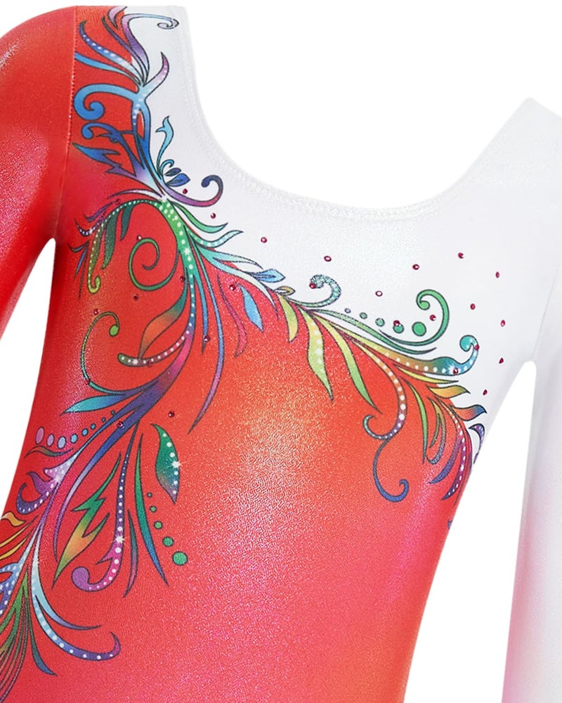 Gogokids Gymnastics Leotards for Girls Long Sleeve Sparkly Rhinestone Dance Unitard with Shorts & Scrunchie Activewear, B-red, 9-10 years, 140 - Image 3