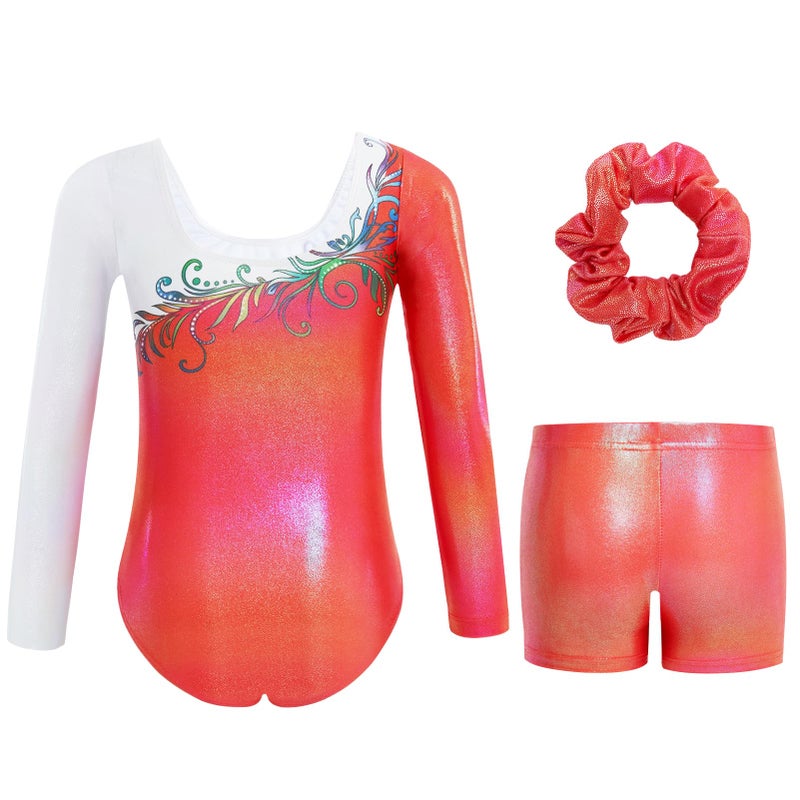 Gogokids Gymnastics Leotards for Girls Long Sleeve Sparkly Rhinestone Dance Unitard with Shorts & Scrunchie Activewear, B-red, 9-10 years, 140 - Image 2