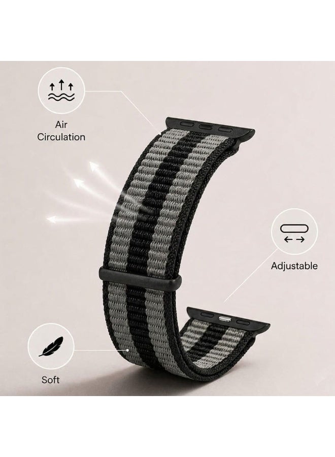 CATANES Breathable Nylon Sport Loop Band Compatible with Apple Watch 44mm 45mm 46mm 49mm for Women Men, iWatch Wrist Straps for Ultra 3 2, Se, Series 11 10 9 8 7 - black silver - Image 3