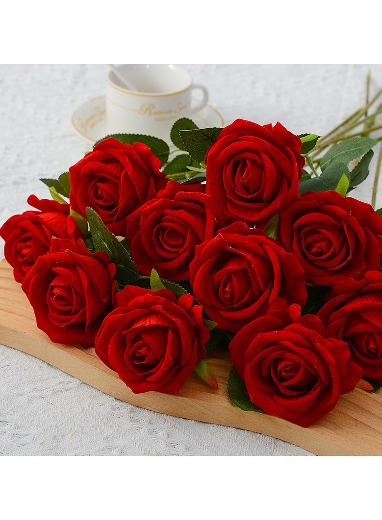 YEHOVRIA 14 Pieces Red Artificial Roses Silk Bridal Wedding Bouquet Realistic Flower - Image 1