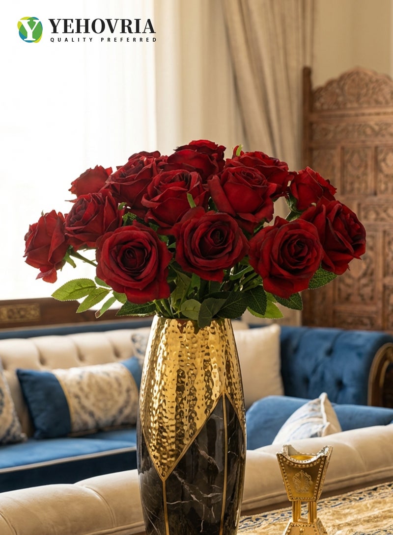 YEHOVRIA 14 Pieces Red Artificial Roses Silk Bridal Wedding Bouquet Realistic Flower - Image 2