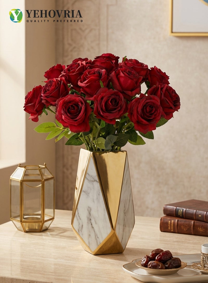 YEHOVRIA 14 Pieces Red Artificial Roses Silk Bridal Wedding Bouquet Realistic Flower - Image 3