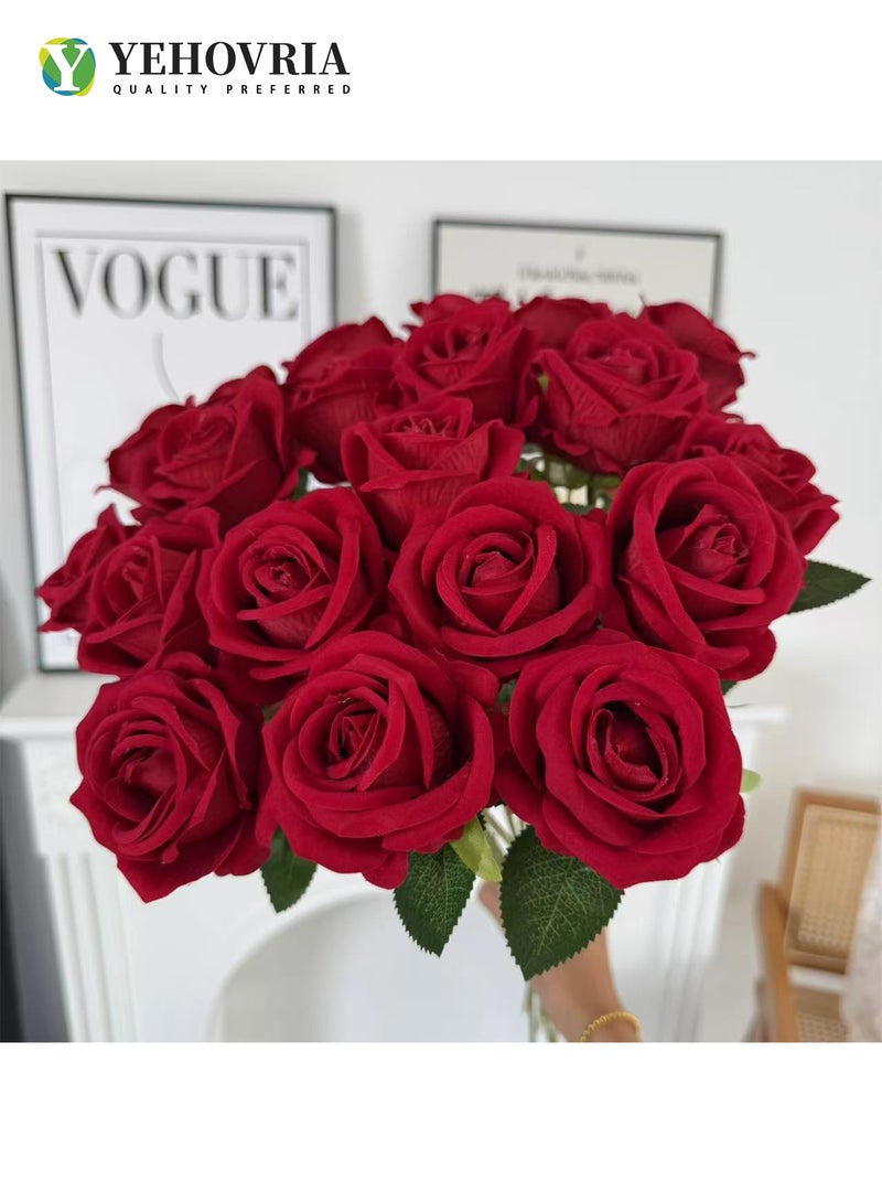 YEHOVRIA 14 Pieces Red Artificial Roses Silk Bridal Wedding Bouquet Realistic Flower - Image 4