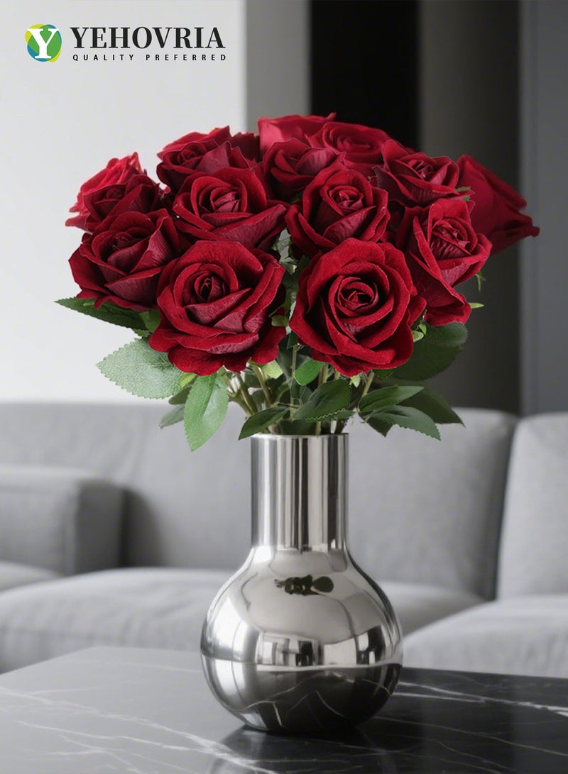 YEHOVRIA 14 Pieces Red Artificial Roses Silk Bridal Wedding Bouquet Realistic Flower - Image 5