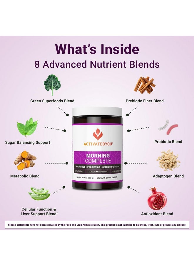 ACTIVATEDYOU - ACTIVATEDYOU Morning Complete Daily Wellness Greens Superfood Drink Mix for Gut Health w/Prebiotics, Probiotics, Antioxidants, Green Superfoods, 10 Billion CFUs, 30 Servings (Mixed Berry) - Image 1