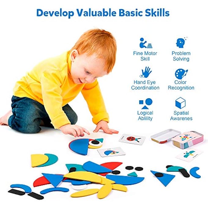 WOODEN PATTERN BLOCKS - TANGRAM SHAPE PUZZLE SET COLOR SORTING STACKING GAME WOOD ANIMAL JIGSAW PRESCHOOL MONTESSORI BRAIN TEASER STEM GIFT FOR 3 4 5 YEARS OLD TODDLER KID (60 PATTERN CARDS) - Image 4