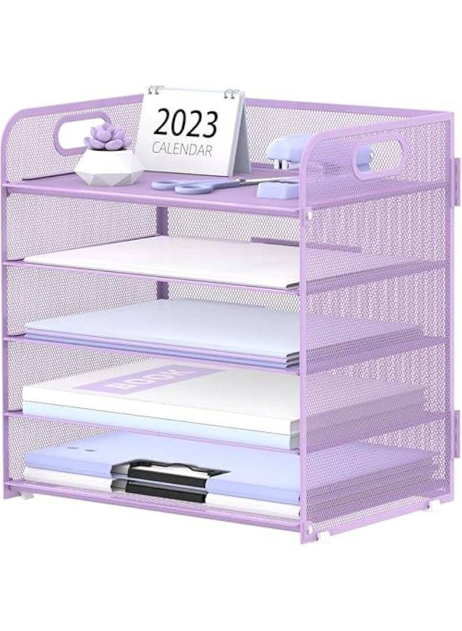 هوكور SupWolf Letter Tray Paper Organizer 5-Tier Desk Organizer File Organizer Paper Holder with Handle, Metal Desktop Document Shelf Tray Office Classroom Organization (Purple) - Image 1