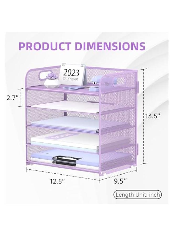 هوكور SupWolf Letter Tray Paper Organizer 5-Tier Desk Organizer File Organizer Paper Holder with Handle, Metal Desktop Document Shelf Tray Office Classroom Organization (Purple) - Image 2