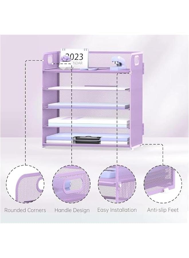 هوكور SupWolf Letter Tray Paper Organizer 5-Tier Desk Organizer File Organizer Paper Holder with Handle, Metal Desktop Document Shelf Tray Office Classroom Organization (Purple) - Image 3