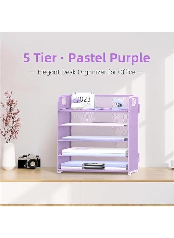 هوكور SupWolf Letter Tray Paper Organizer 5-Tier Desk Organizer File Organizer Paper Holder with Handle, Metal Desktop Document Shelf Tray Office Classroom Organization (Purple) - Image 4