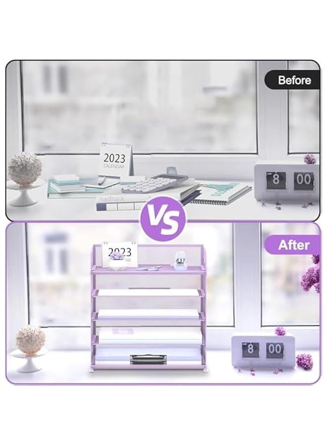 هوكور SupWolf Letter Tray Paper Organizer 5-Tier Desk Organizer File Organizer Paper Holder with Handle, Metal Desktop Document Shelf Tray Office Classroom Organization (Purple) - Image 5