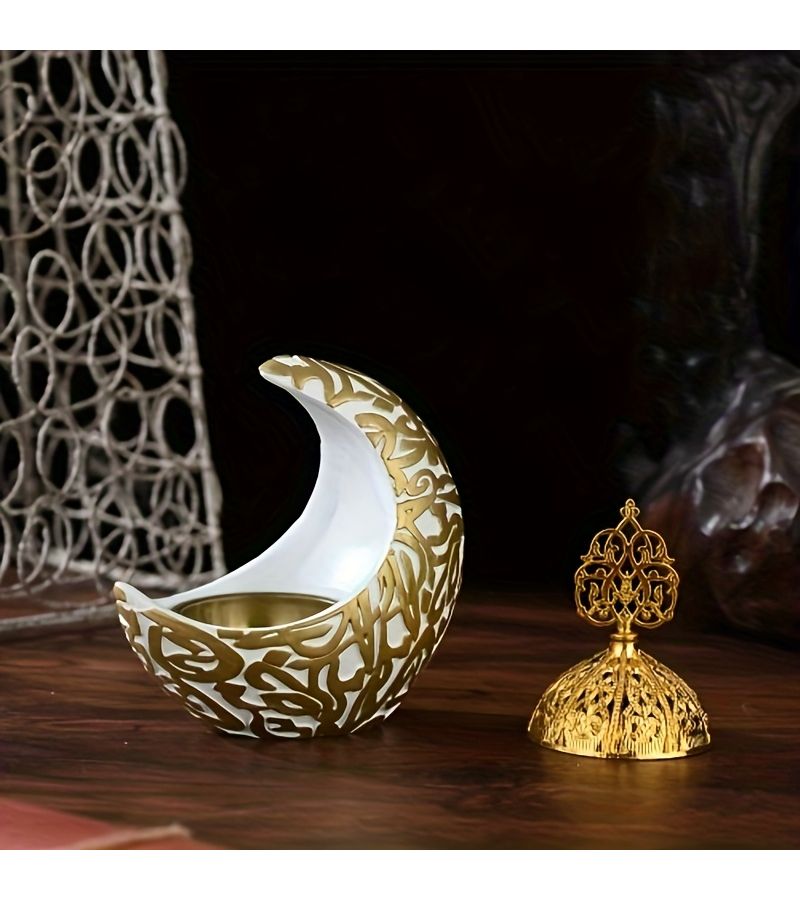 Arabian Resin Incense Holder White Crescent Moon Shaped Islamic Burner With Arabic Calligraphy And Golden Dome Ornate Resin Diffuser For Home Decor Meditation Cultural Gift Middle Eastern - Image 5