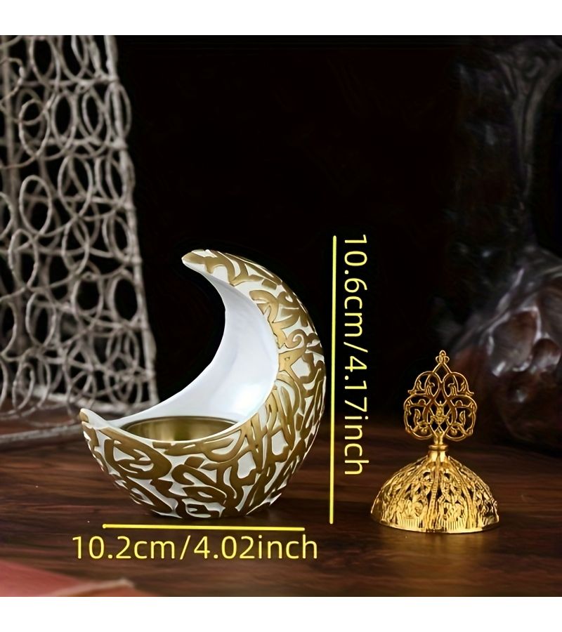Arabian Resin Incense Holder White Crescent Moon Shaped Islamic Burner With Arabic Calligraphy And Golden Dome Ornate Resin Diffuser For Home Decor Meditation Cultural Gift Middle Eastern - Image 3