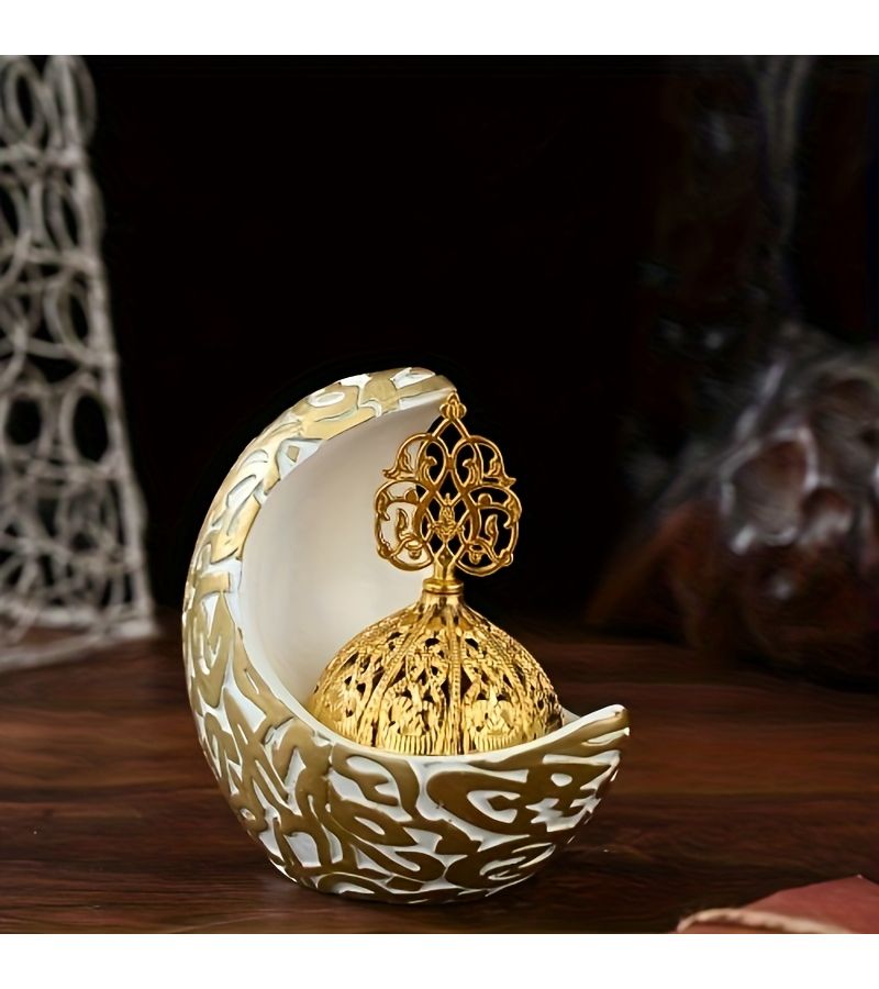 Arabian Resin Incense Holder White Crescent Moon Shaped Islamic Burner With Arabic Calligraphy And Golden Dome Ornate Resin Diffuser For Home Decor Meditation Cultural Gift Middle Eastern - Image 1