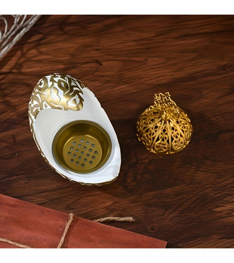 Arabian Resin Incense Holder White Crescent Moon Shaped Islamic Burner With Arabic Calligraphy And Golden Dome Ornate Resin Diffuser For Home Decor Meditation Cultural Gift Middle Eastern - Image 2