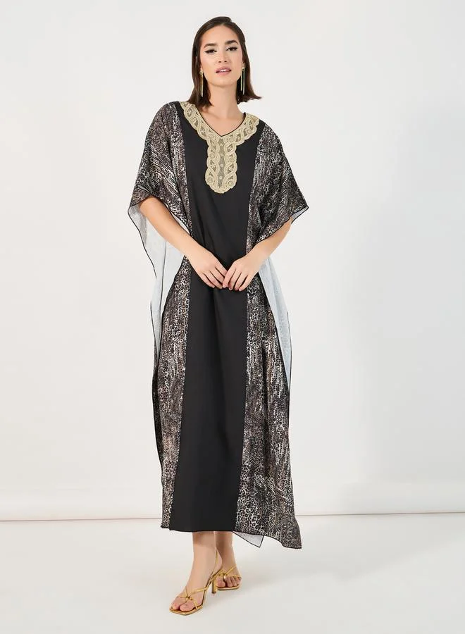 Styli Animal Print Kaftan with Lace Patch Accent