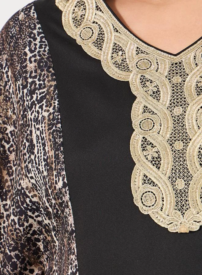 Styli Animal Print Kaftan with Lace Patch Accent