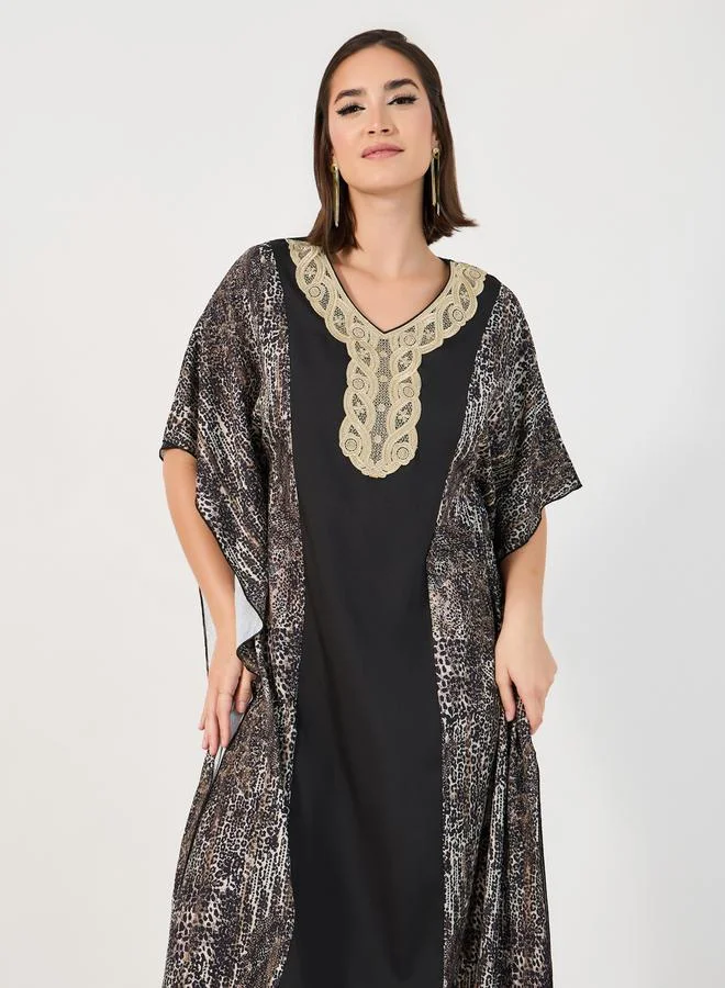 Styli Animal Print Kaftan with Lace Patch Accent
