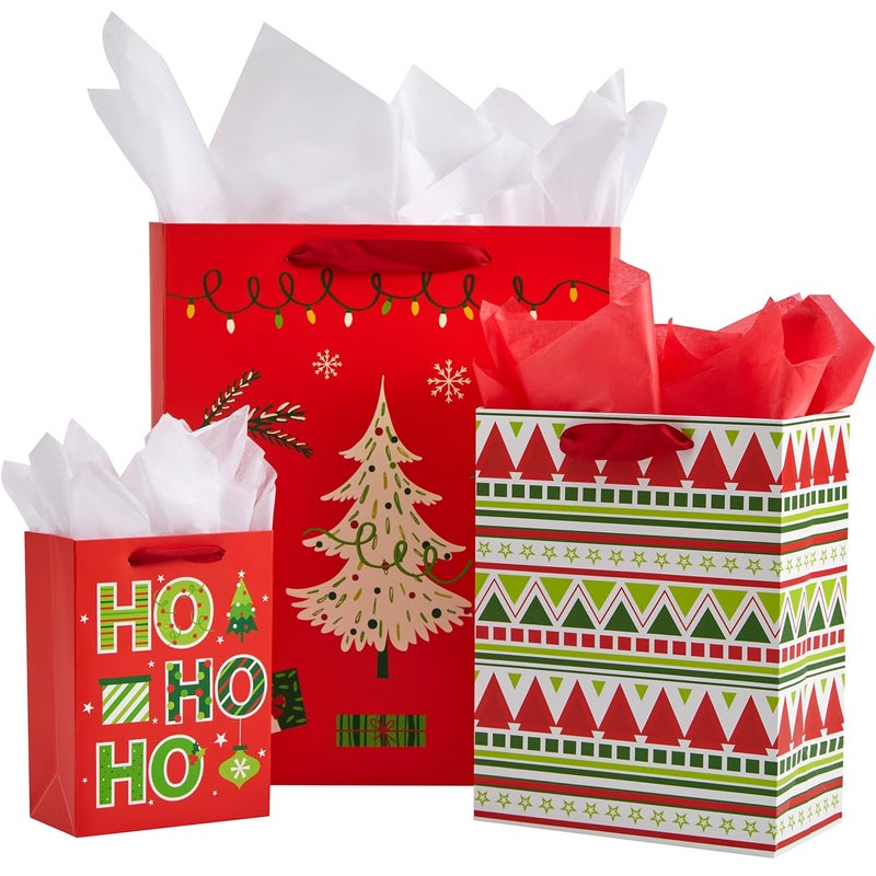 SUNCOLOR 9 Pack Christmas Gift Bags Assorted Sizes With Tissue paper 3 Large 13 3 Medium 9 3 Small 6