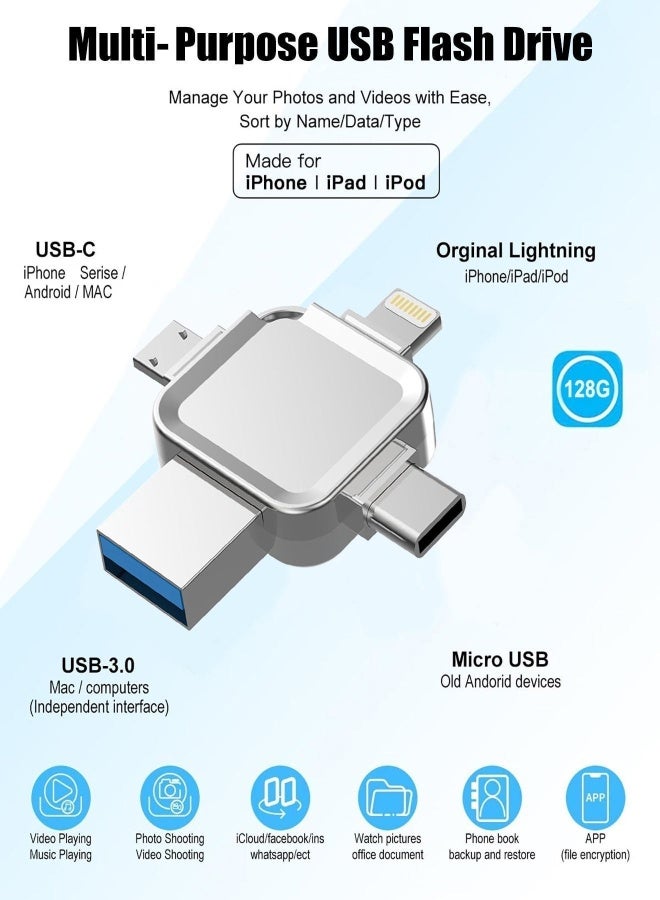 دراكلاو محرك أقراص فلاش USB 3.0 بسعة 128 جيجابايت، ذاكرة فلاش متعددة الوظائف بـ 4 منافذ، منفذ نوع C، تخزين خارجي، متوافق مع الهواتف الذكية أندرويد، وآيفون، وآيباد، وماك بوك، وأجهزة الحاسوب المحمولة، لون فضي - Image 2
